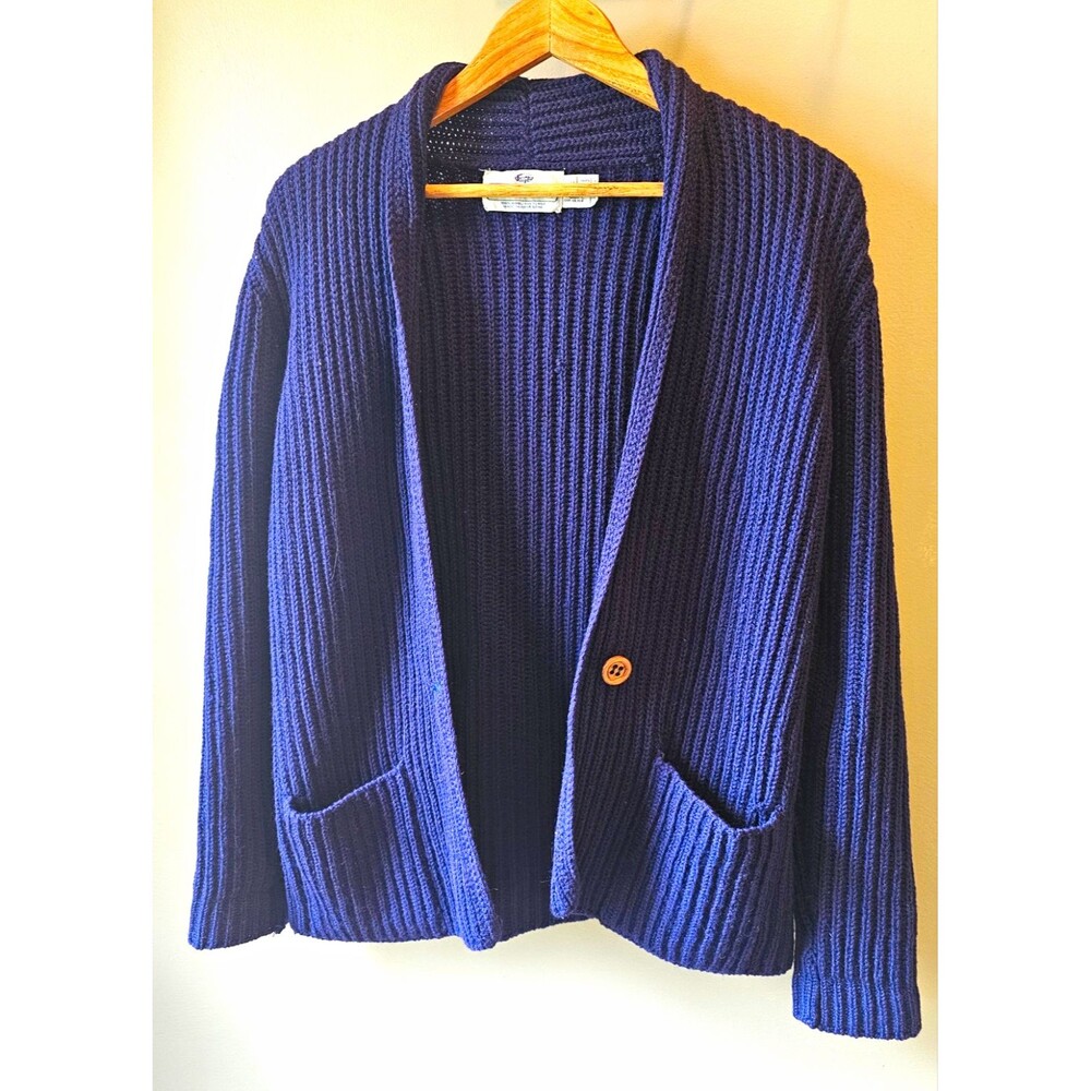 Susan Bristol Womens Blue Wool Ribbed Knit Shawl Collar Cardigan Sweater S